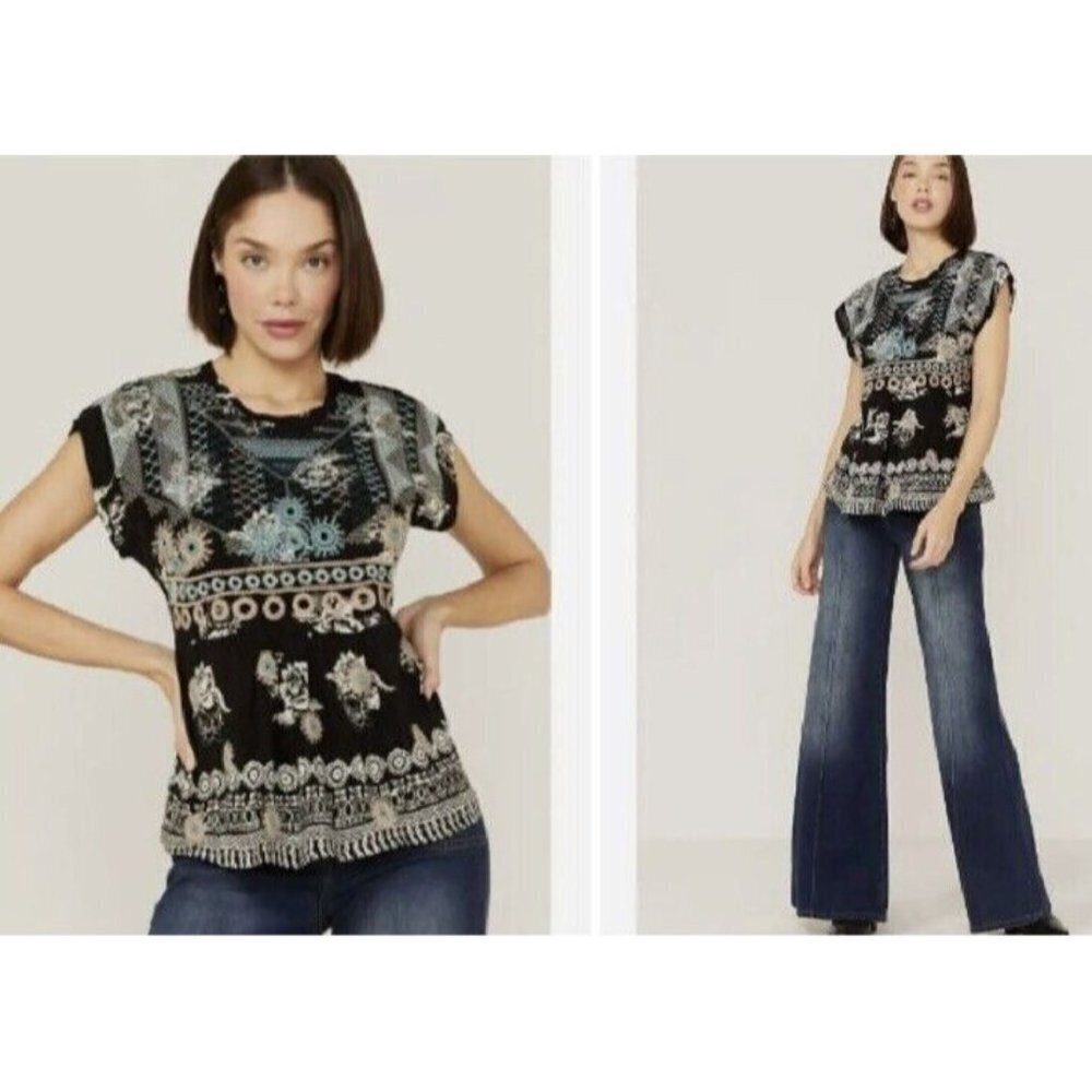 Johnny Was Embroidered Perlette Tie Back Silk Top Short Sleeve Sz Small NWT $275